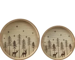 Plateau décor forêt et renne coloris beige en bois - Ø 29 cm