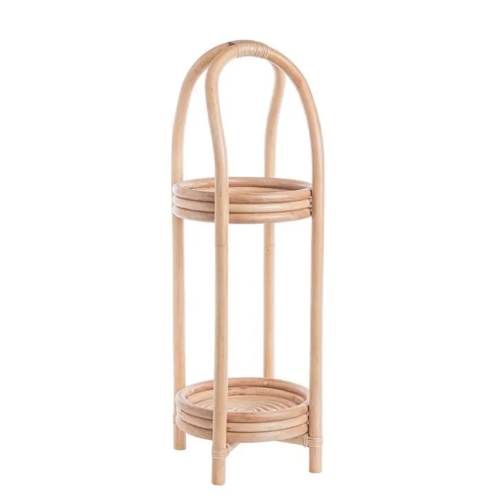Porte plantes 2 plateaux coloris marron en rotin naturel - 34 x 34 x 85 cm