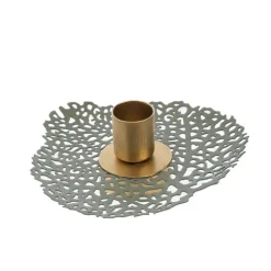 Porte-bougie forme feuille en métal vert et or - Ø 13 x 4 cm