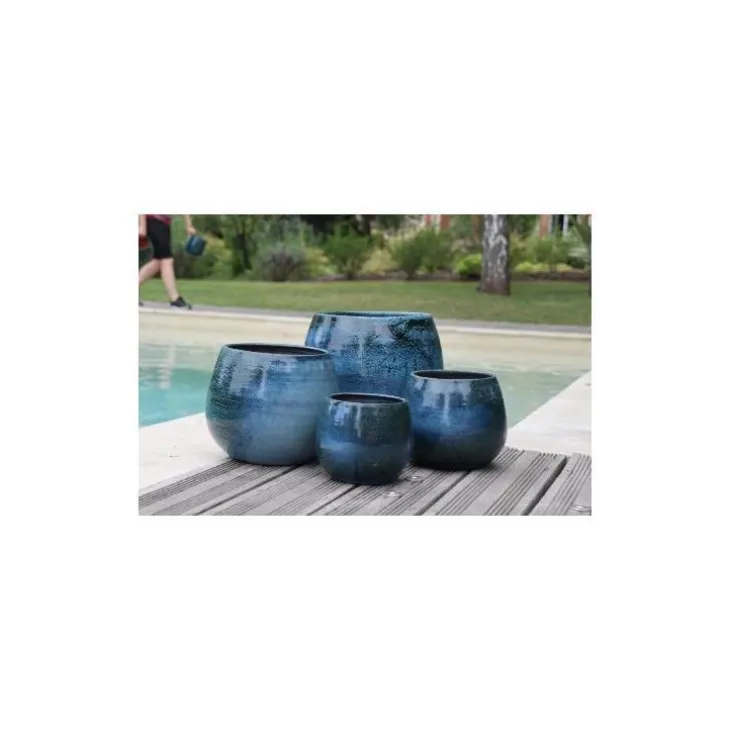 Pot Cancale de 2,1 L en terre émaillée bleu Ø 14 x 14 cm