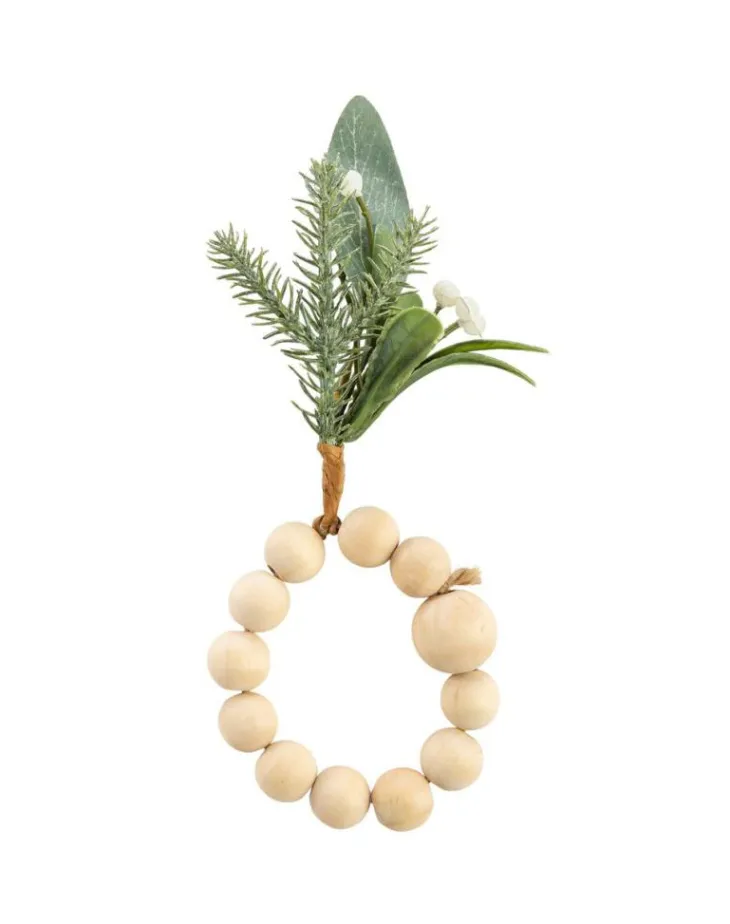 Rond de serviette coloris vert avec boules en bois, pommes de pin, eucalyptus et paillettes Modern – 6 x 9 x 9 cm