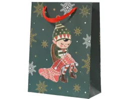 Sac cadeau en papier métallisé vert décor elfe grand modèle - 12 x 30 x 42 cm