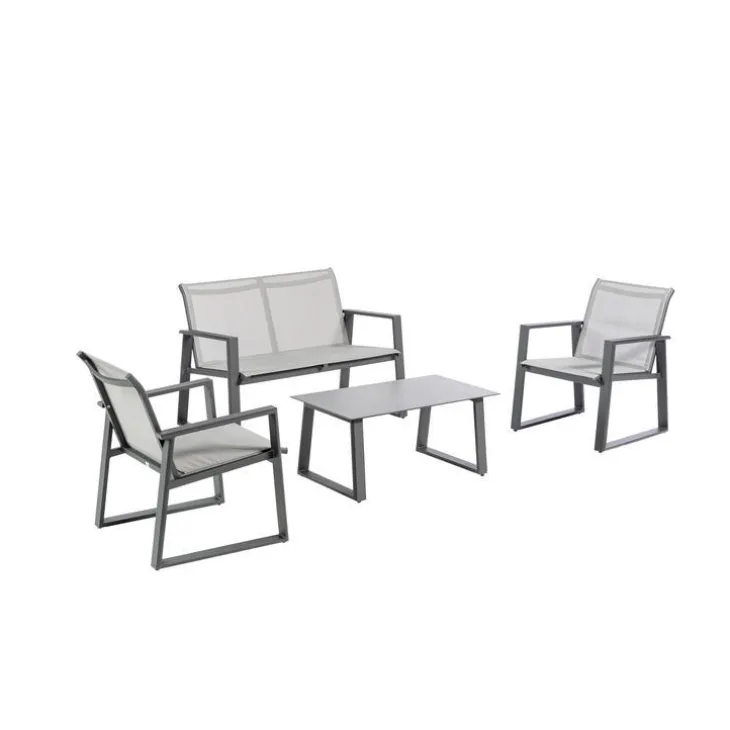 Salon de jardin en aluminium graphite et toile textylène gris perle Alysse - 4 éléments (canapé, table basse et deux fauteuils)