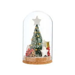 Sapin de Noël décoré vert, or, rouge sous cloche à poser - 25 cm
