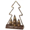Sapin en jute marron sur buche en bois à micro LED or et blanc chaud  - 9 x 23,5 x 34 cm