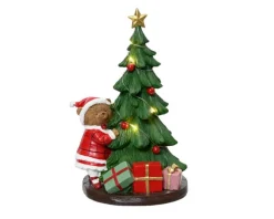 Sapin vert animé avec cadeaux en résine à LED blanc chaud - 17,5 x 14,5 x 27,5 cm