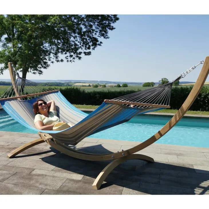 Set support et hamac EsKapade coloris turquoise anthracite en bois et polypropylène Jobek Hamacs - 323 x 125 x 128 cm