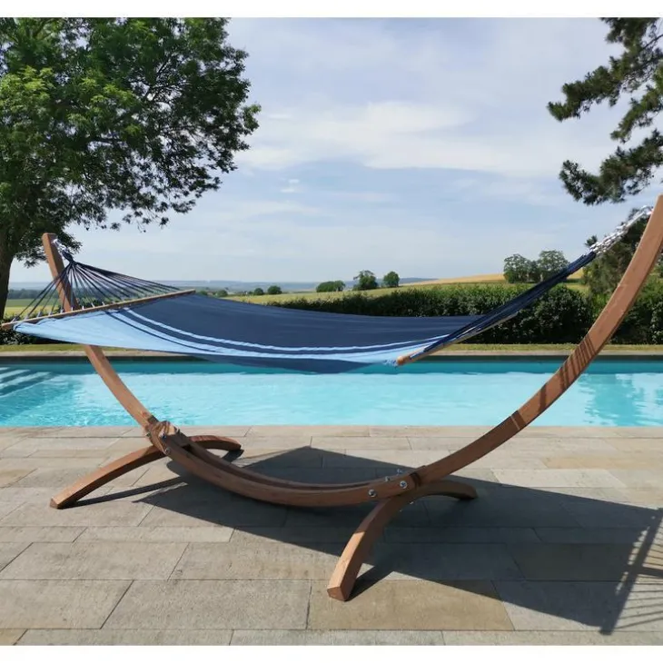 Set support et hamac EsKapade coloris bleu Caraïbes en bois et polypropylène Jobek Hamacs - 350 x 125 x 136,5 cm