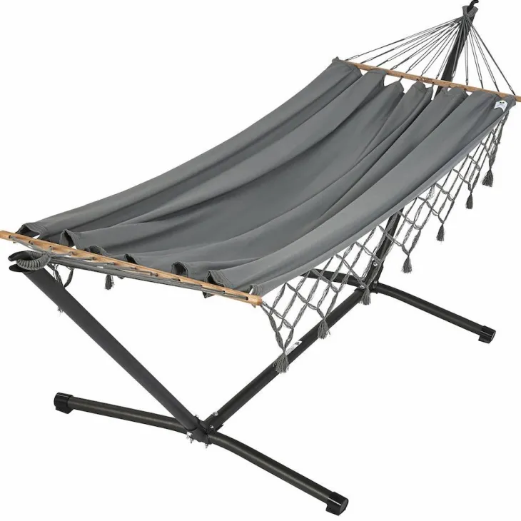 Set support et hamac MetaliK coloris anthracite à franges en métal et polypropylène certifié FSC® Jobek Hamacs - 300 x 140 x 95 cm