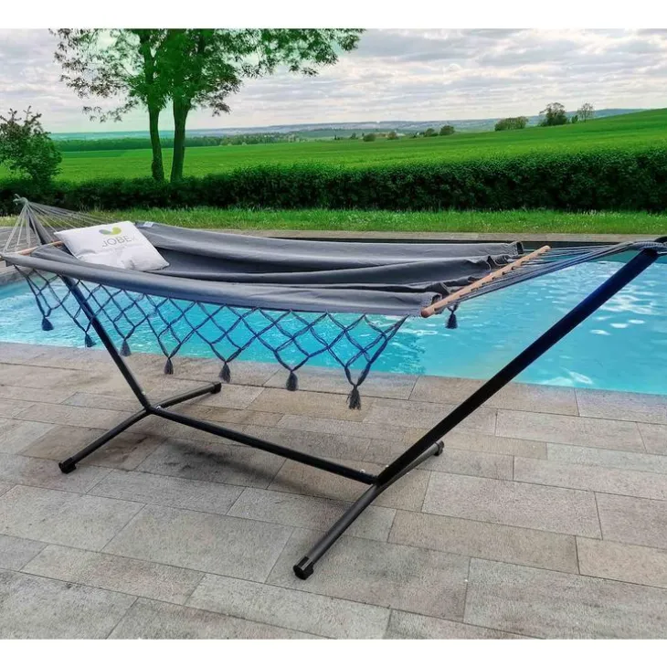 Set support et hamac MetaliK coloris anthracite à franges en métal et polypropylène certifié FSC® Jobek Hamacs - 300 x 140 x 95 cm