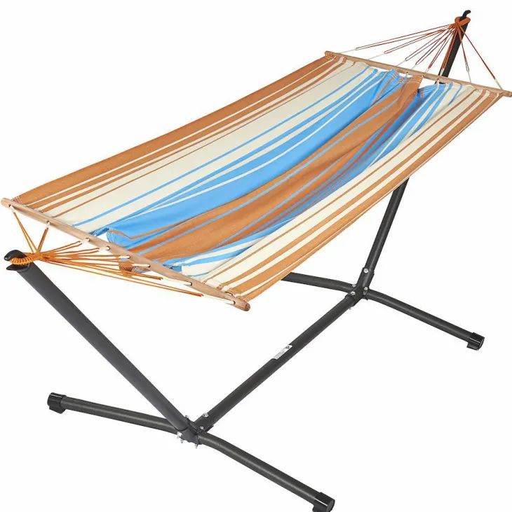 Set support et hamac MetaliK coloris orange bleu en métal et polypropylène Jobek Hamacs - 300 x 100 x 95 cm