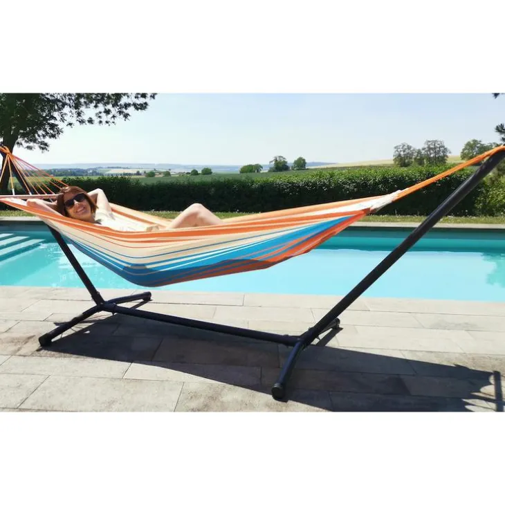 Set support et hamac MetaliK coloris orange bleu en métal et polypropylène Jobek Hamacs - 300 x 100 x 95 cm