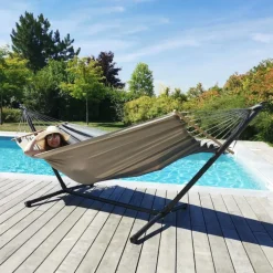 Set support et hamac MetaliK coloris anthracite taupe en métal et polypropylène Jobek Hamacs - 300 x 140 x 95 cm