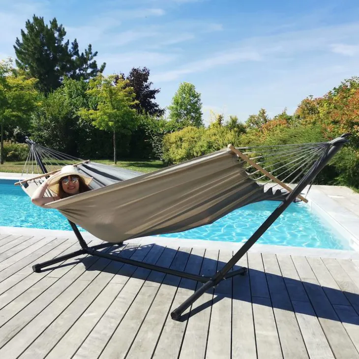 Set support et hamac MetaliK coloris anthracite taupe en métal et polypropylène Jobek Hamacs - 300 x 140 x 95 cm