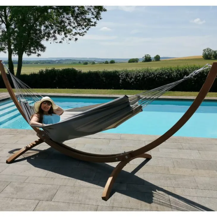 Set support et hamac Weekend coloris anthracite taupe en bois et polypropylène Jobek Hamacs - 350 x 125 x 136,5 cm
