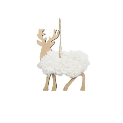 Suspension renne laine coloris blanc en bois - 10 x 2,5 x 10 cm