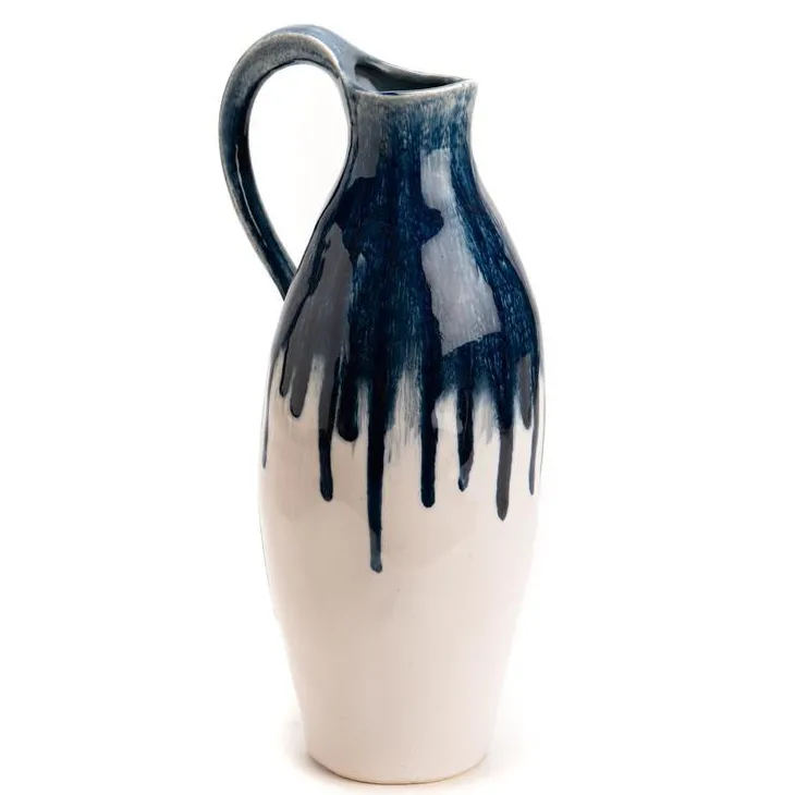 Vase en grès blanc et bleu Lyra - 14 x 18 x 37 cm