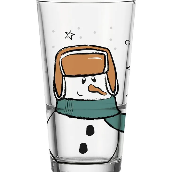 Verre transparent long drink gravé avec motif bonhomme de neige coloré 330 ml - Ø 7,8 x H 14 cm